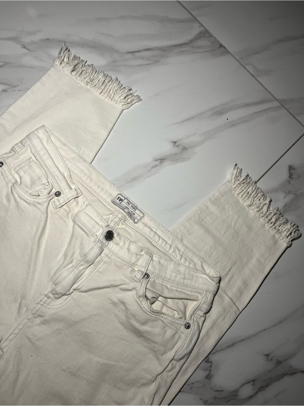 Free People Fringe Frayed Cream Jeans